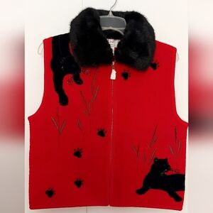 New Lisa International Sz L 100% Boiled Wool CATS Velvet Sweater Jacket Luxury